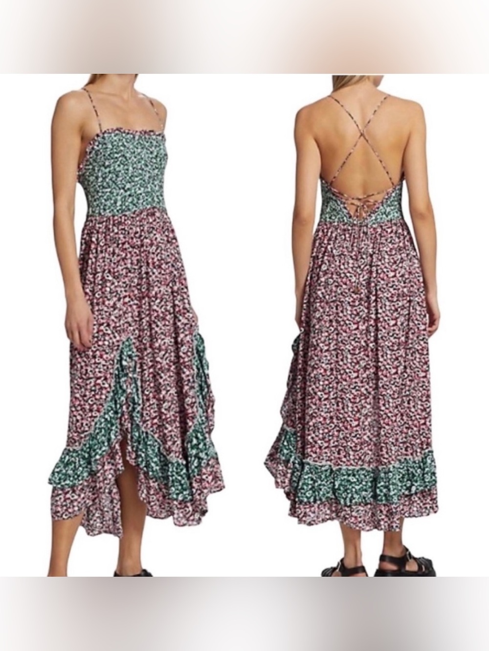 Free People Smocked Bodice Floral Maxi Dress with Strappy Back. Size M